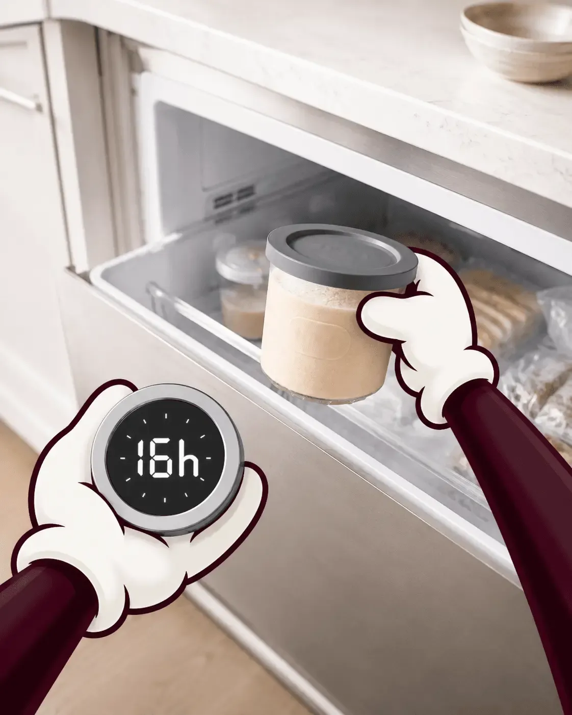 Begeret står i fryseren med tidtakeren på